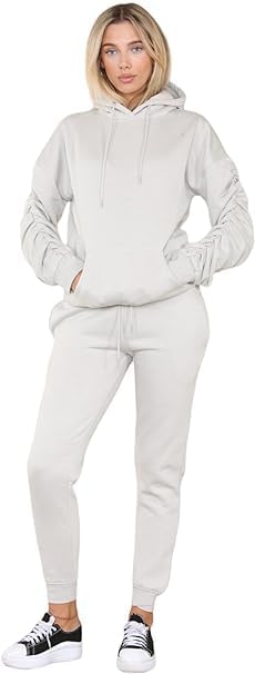 Ladies Ruched Sleeve Pullover Oversized Tracksuit Set