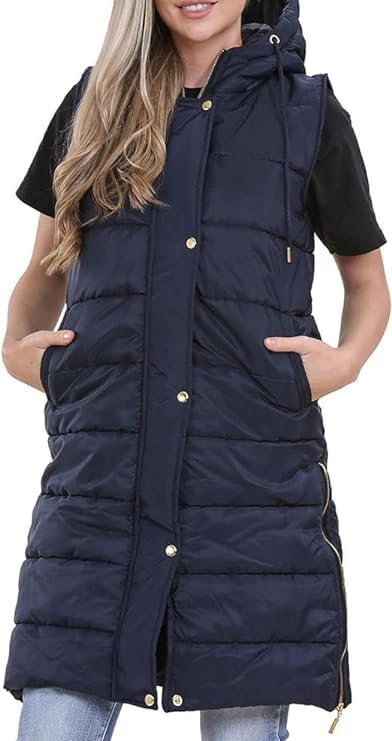 Women Long Line Hooded Puffer Gilet Sleeveless Padded Jacket