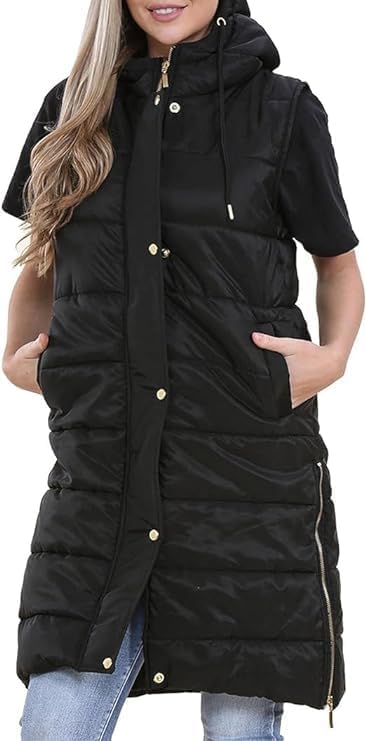 Women Long Line Hooded Puffer Gilet Sleeveless Padded Jacket