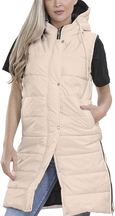 Women Long Line Hooded Puffer Gilet Sleeveless Padded Jacket