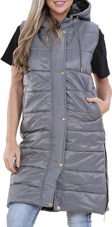 Women Long Line Hooded Puffer Gilet Sleeveless Padded Jacket