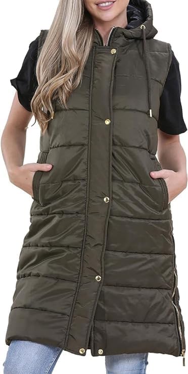 Women Long Line Hooded Puffer Gilet Sleeveless Padded Jacket