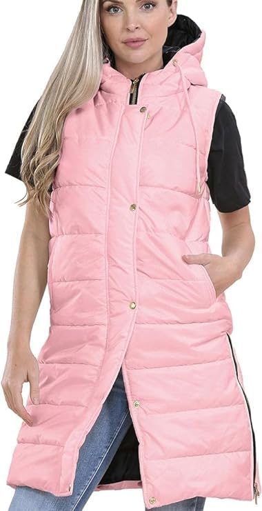 Women Long Line Hooded Puffer Gilet Sleeveless Padded Jacket