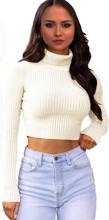Womens Plain Knitted Ribbed Polo Neck Crop Sweater
