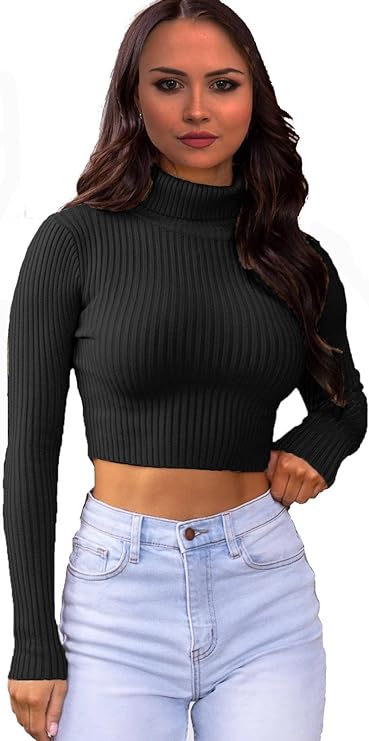 Womens Plain Knitted Ribbed Polo Neck Crop Sweater