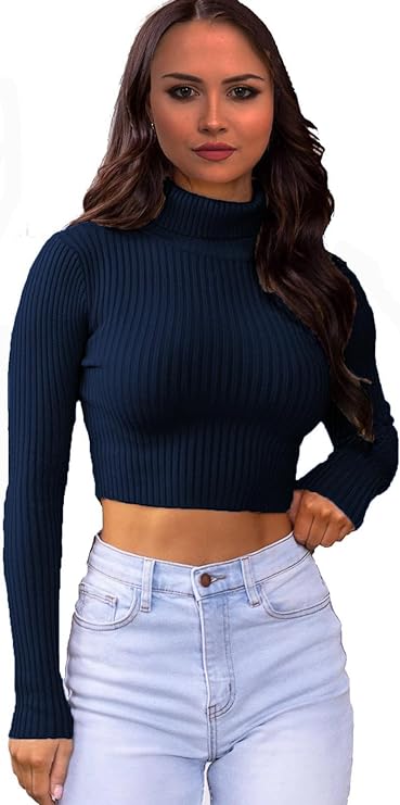 Womens Plain Knitted Ribbed Polo Neck Crop Sweater